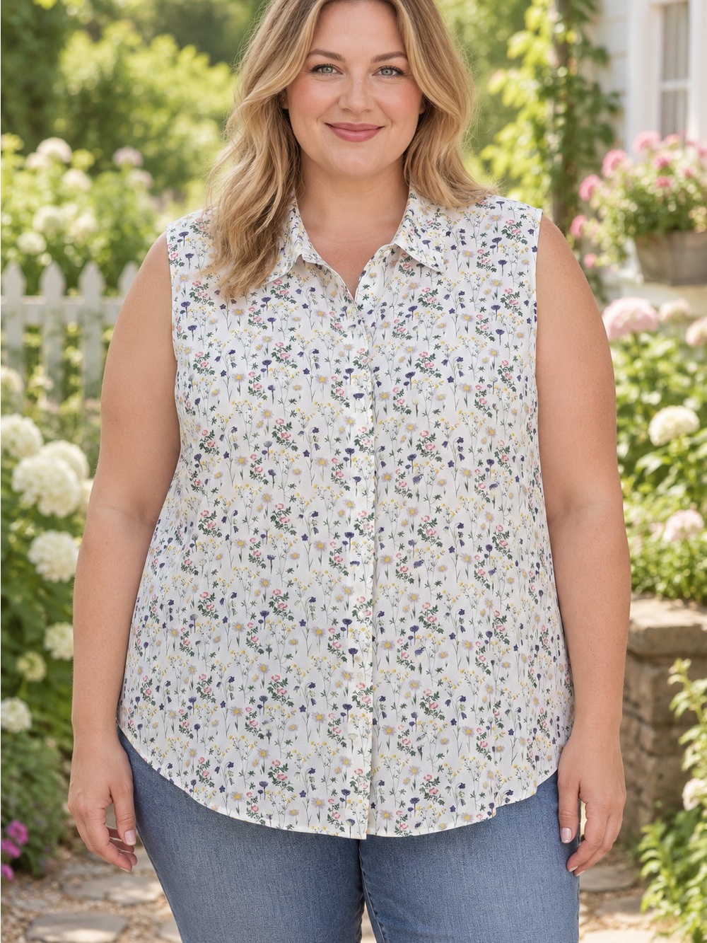 Ellos Women’s Size 24 Floral Sleeveless Button Down Rayon Blouse Cottagecore